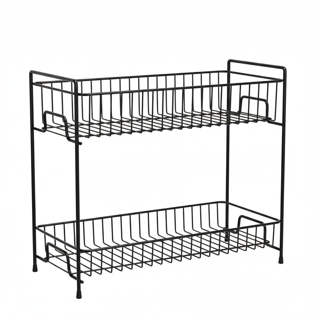 Plantex Kitchen Organizer Rack/Spice/Masala Rack Stand for Oil Bottles, Containers & Spices, Table Top/2 Tier Bathroom Storage Shelf Organizer-(Black, Metal)