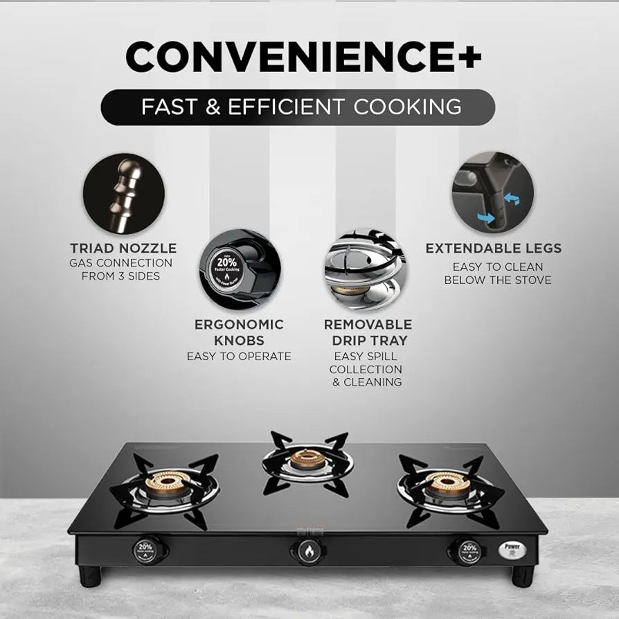Preethi Bluflame Sparkle Power Duo 3 Burner Glass top Gas Stove with Power Burner and Swirl flame technology, saves gas and cooks faster, Manual Ignition, Black