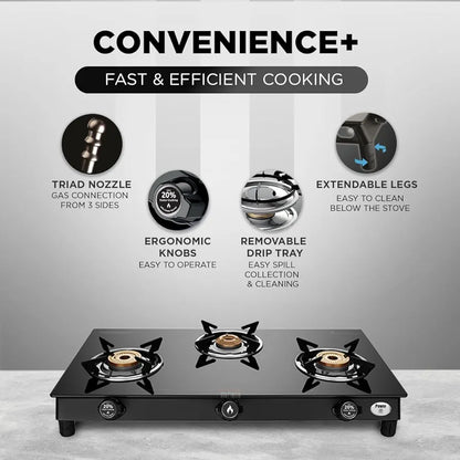 Preethi Bluflame Sparkle Power Duo 3 Burner Glass top Gas Stove with Power Burner and Swirl flame technology, saves gas and cooks faster, Manual Ignition, Black
