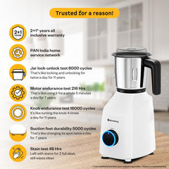 Atomberg Yulia 750 Watt Mixer Grinder | 4 Multipurpose Jars including Chopper Jar | Coarse Mode for Silbatta-like Textures | Powerful Intelligent Motor | Advanced Safety Features | Snow White