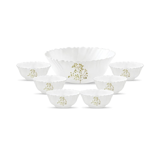 La Opala Novo Collection Opal Glass Crockery | Gift Set of 7 | Pudding Set 7 pcs Blissfull Green | Bowls for Desserts & Gifting | Microwave Safe | 100% Vegetarian | Extra Strong | Light & White