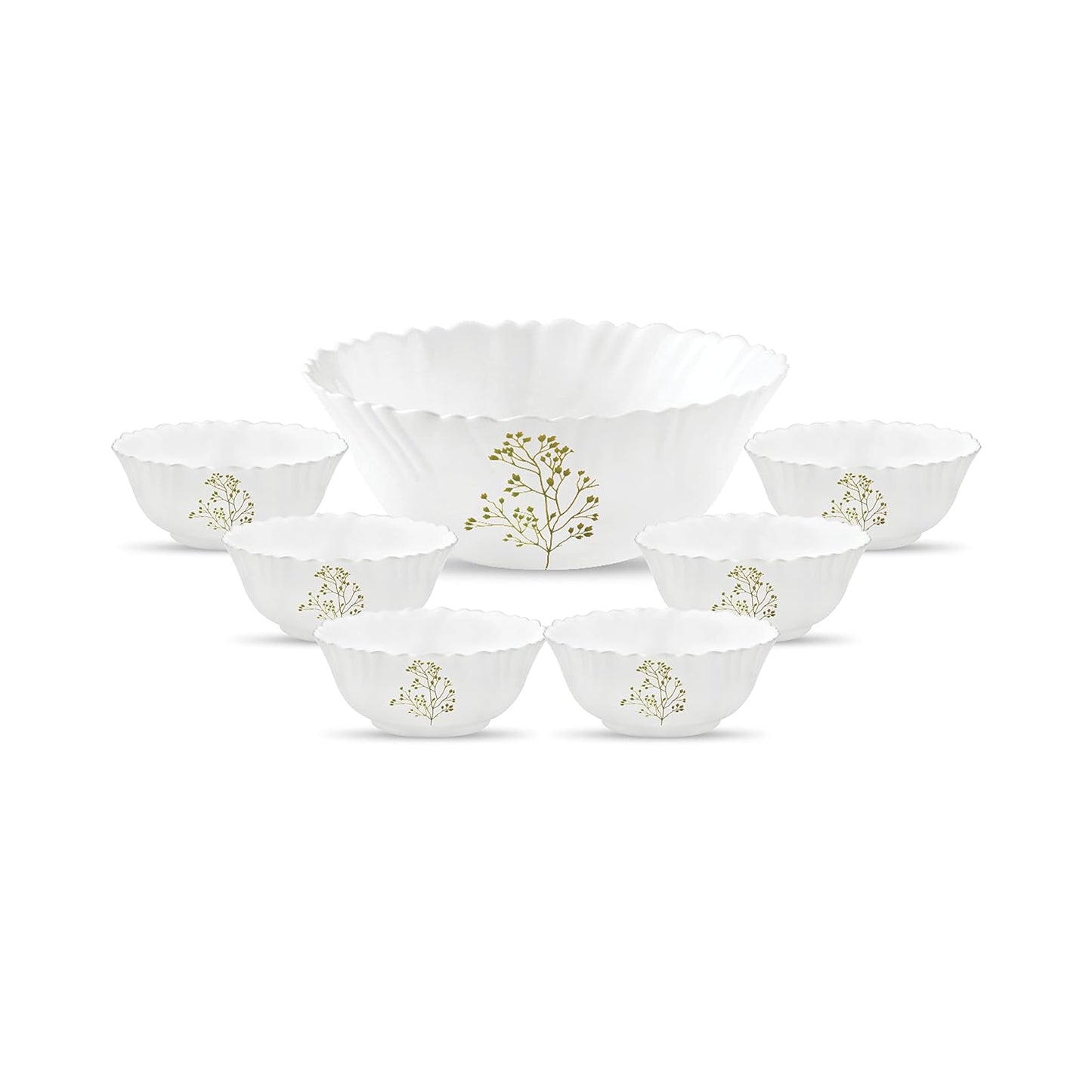La Opala Novo Collection Opal Glass Crockery | Gift Set of 7 | Pudding Set 7 pcs Blissfull Green | Bowls for Desserts & Gifting | Microwave Safe | 100% Vegetarian | Extra Strong | Light & White