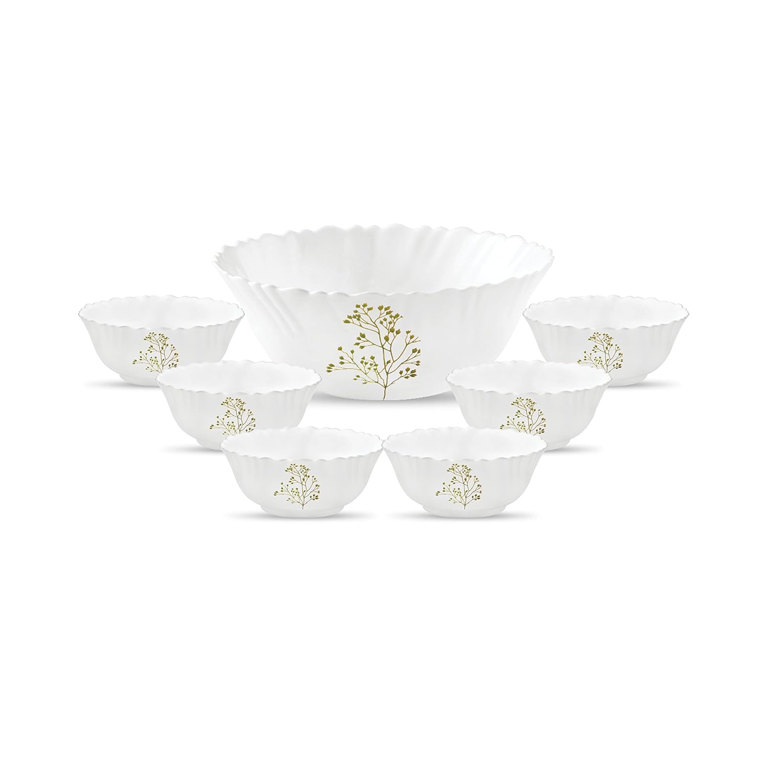 La Opala Novo Collection Opal Glass Crockery | Gift Set of 7 | Pudding Set 7 pcs Blissfull Green | Bowls for Desserts & Gifting | Microwave Safe | 100% Vegetarian | Extra Strong | Light & White