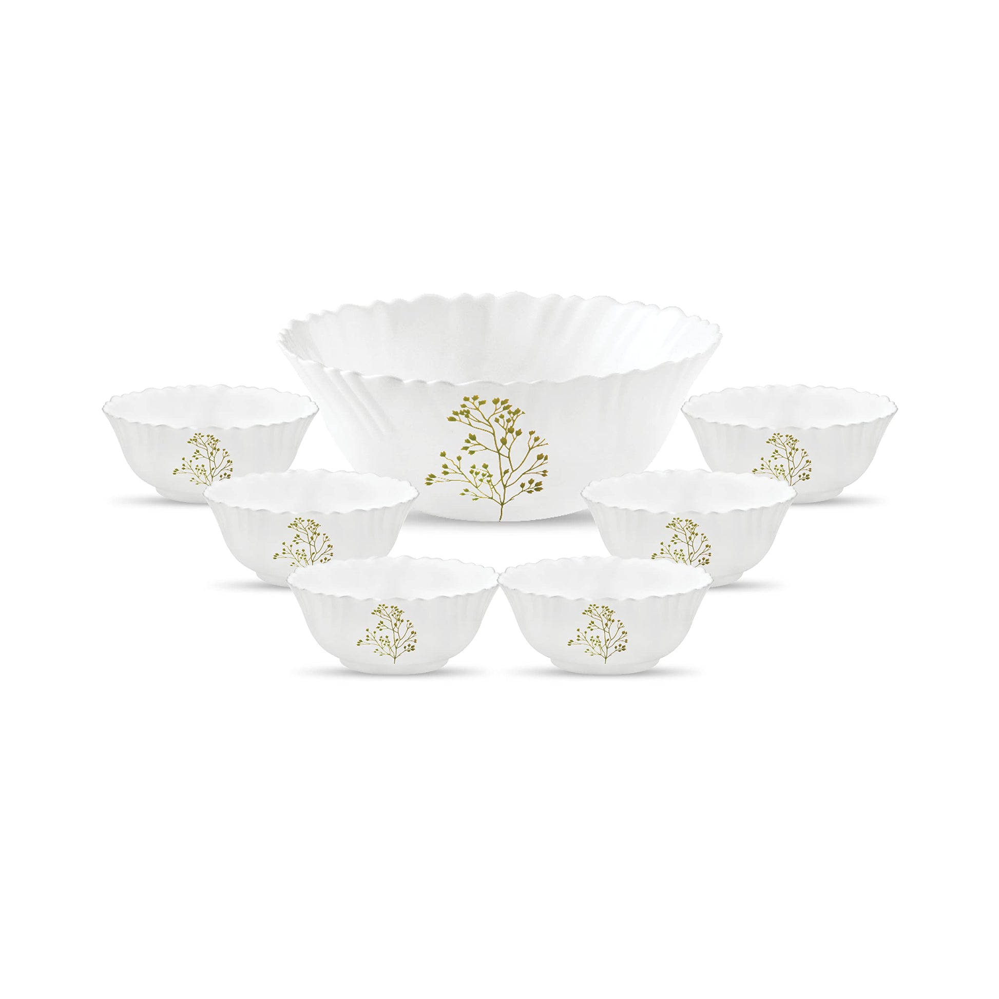 La Opala Novo Collection Opal Glass Crockery | Gift Set of 7 | Pudding Set 7 pcs Blissfull Green | Bowls for Desserts & Gifting | Microwave Safe | 100% Vegetarian | Extra Strong | Light & White