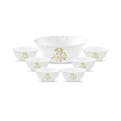 La Opala Novo Collection Opal Glass Crockery | Gift Set of 7 | Pudding Set 7 pcs Blissfull Green | Bowls for Desserts & Gifting | Microwave Safe | 100% Vegetarian | Extra Strong | Light & White
