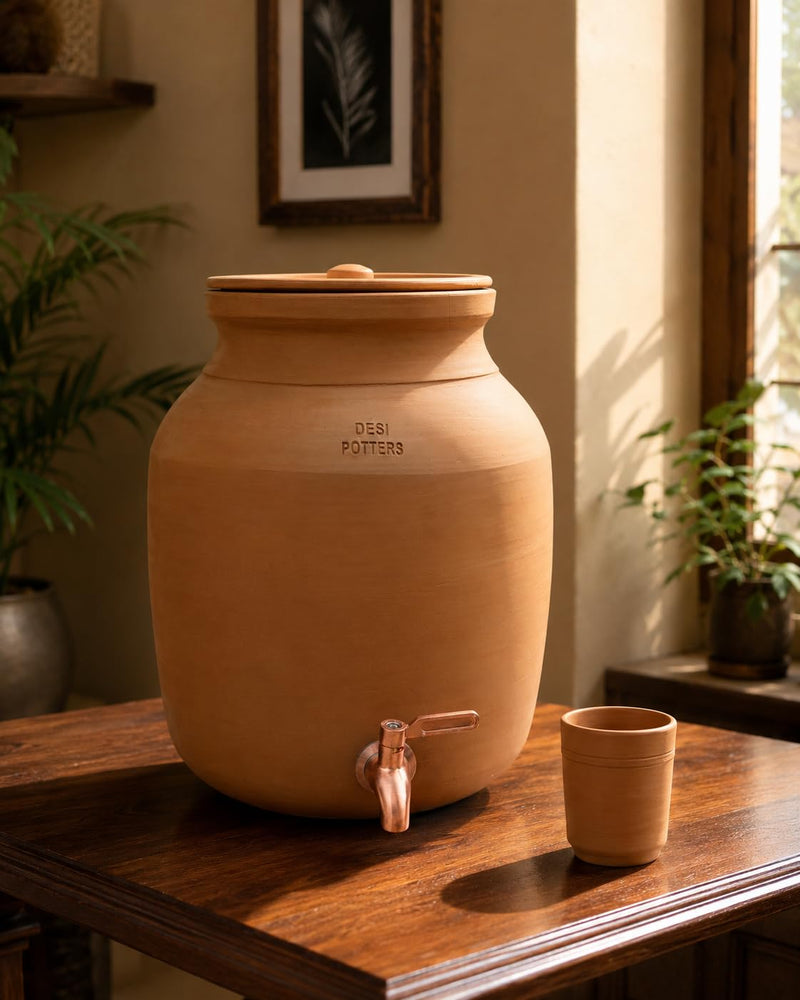 Desi Potters Handmade Clay Water Dispenser with Metal Tap | Naturally Cools Water Without Electricity | 100% Natural Handmade Terracotta Clay | Eco-Friendly & Plastic-Free .