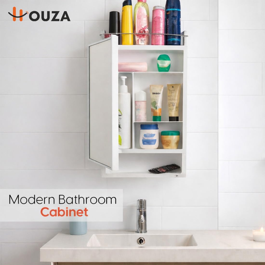 HOUZA Premium Look Plastic Wall Mounted Bathroom Mirror Cabinet with Storage | Waterproof Storage Organizer with Shelves | Bathroom Accessories (White)