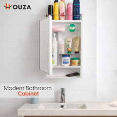 HOUZA Premium Look Plastic Wall Mounted Bathroom Mirror Cabinet with Storage | Waterproof Storage Organizer with Shelves | Bathroom Accessories (White)