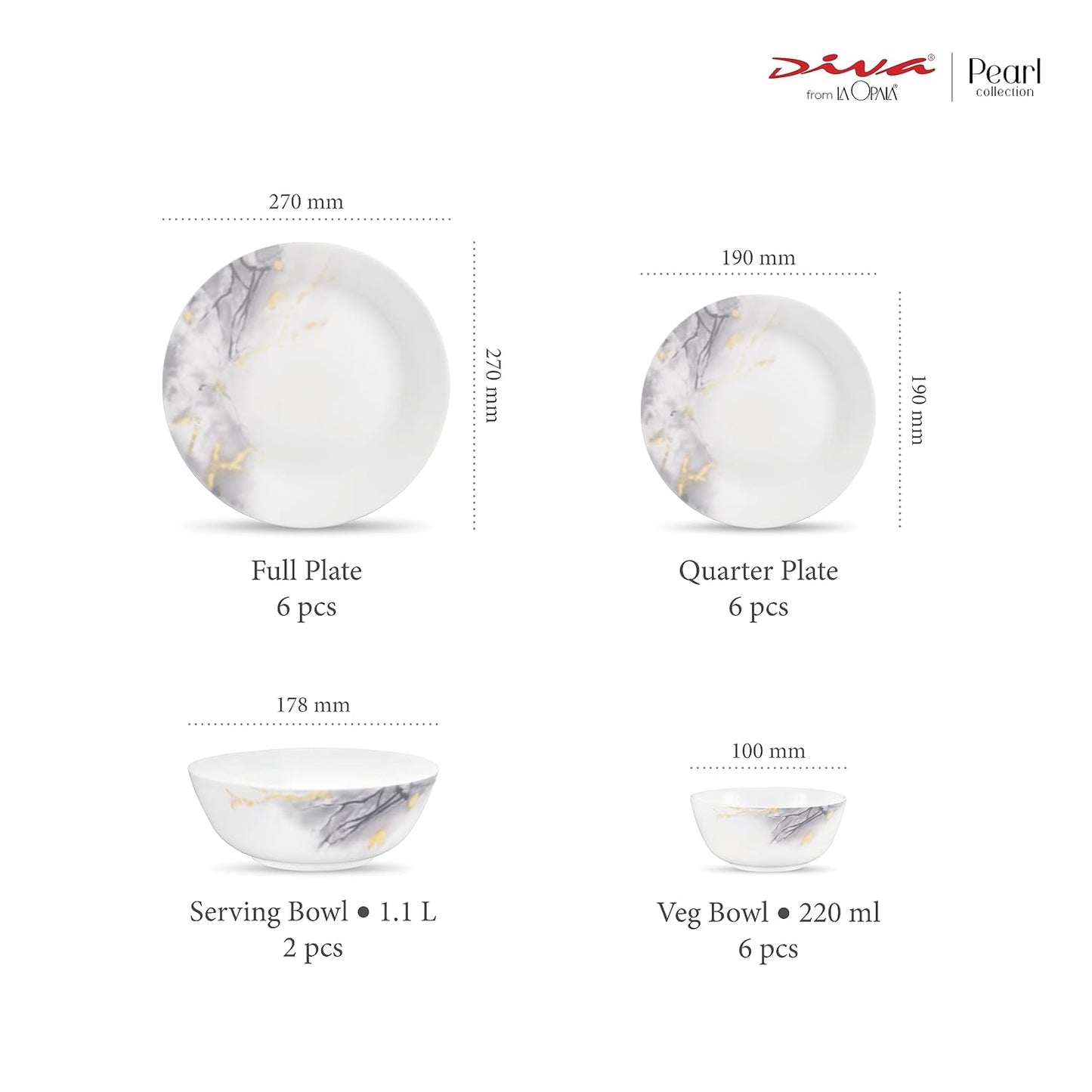 Diva by La Opala, Pearl Collection, Opal Glass Dinner Set 20 pcs, Twilight Clouds, White