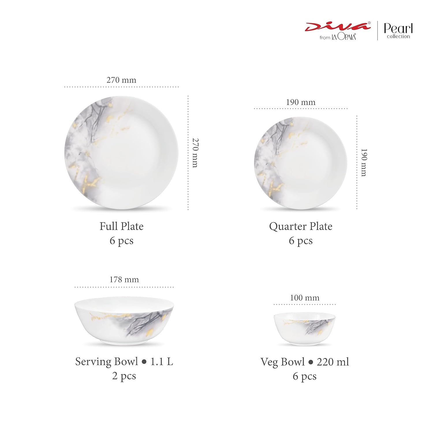 Diva by La Opala, Pearl Collection, Opal Glass Dinner Set 20 pcs, Twilight Clouds, White