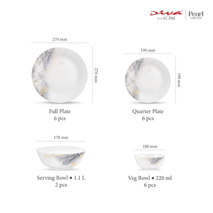 Diva by La Opala, Pearl Collection, Opal Glass Dinner Set 20 pcs, Twilight Clouds, White