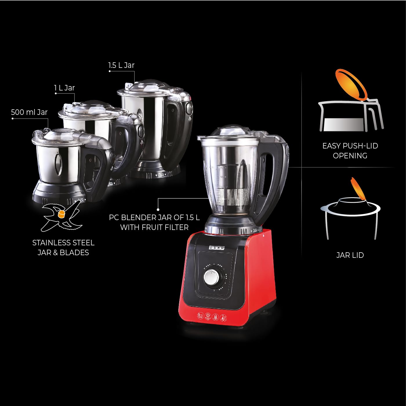 USHA ICHEF 750 Watt Copper Motor Mixer Grinder with 3 SS Jars & Translucent blender PC Jar with fruit filter| Hands Free operation with Dual Safety Lock| 2 Yr Product & 5 Yrs Motor Warranty(Red/Black)