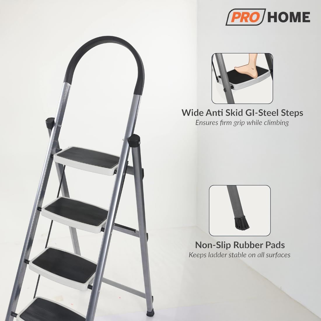PROHOME Steel Ladder for Home 5 Steps Foldable with Anti-Skid Wide Steps (30cm x 20cm) | 5 Step Ladder for Home Use with D-Shape Rods | Secure Lock | 170 Kg Capacity Folding Ladder | 5 Year Warranty