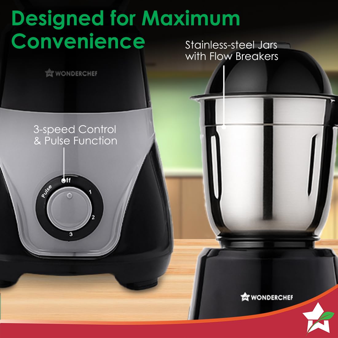 Wonderchef Vista Mixer Grinder | 4 Multi-purpose Jars | 750W | Sharp Stainless-steel Blades | For Masalas, Chutneys, Fresh Fruit Juices | 3-Speed Control | Advanced Safety Features | 2-Year Warranty