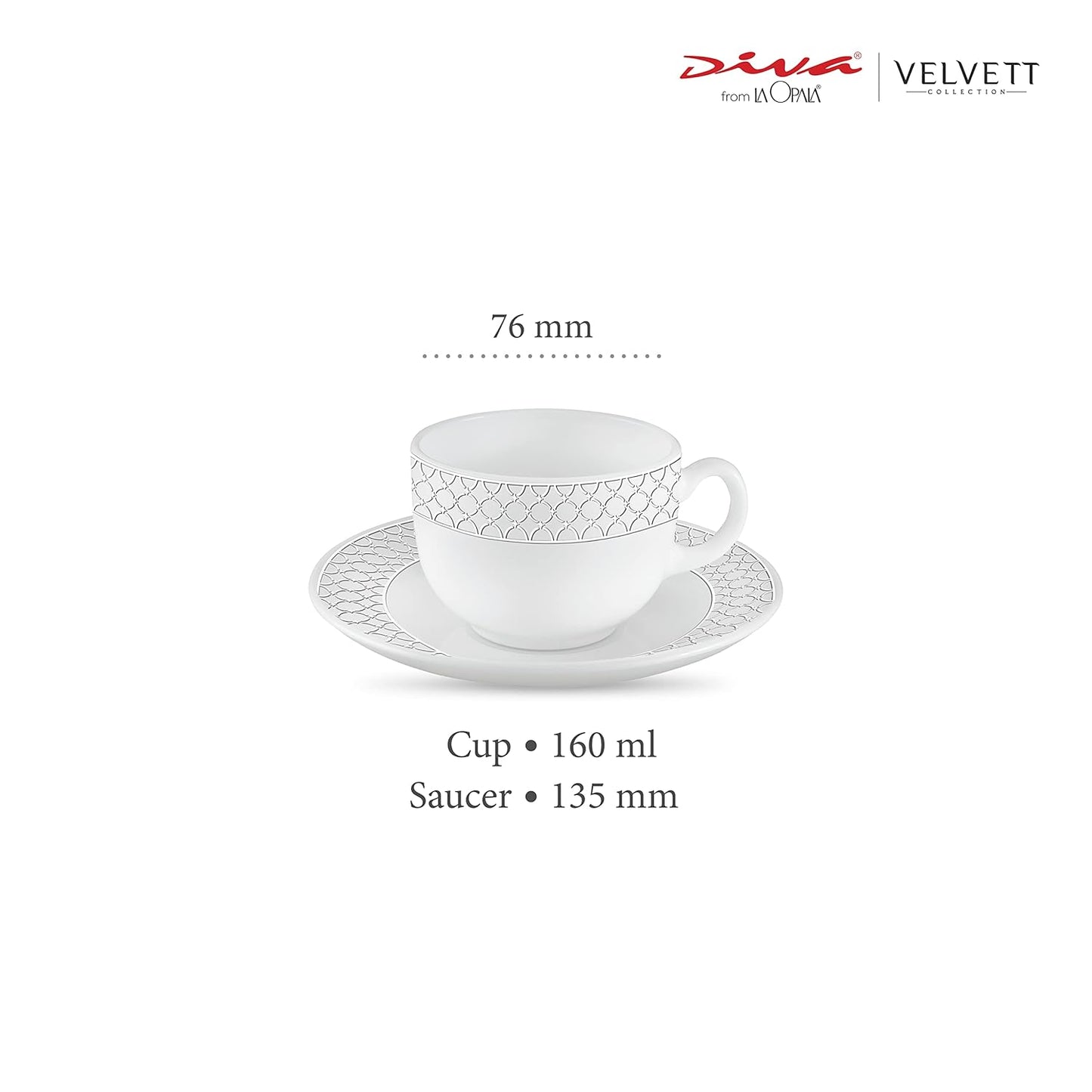 La Opala Diva, Velvett Collection Opal Glass Crockery | Cup & Saucer, Set of 12 | Pearl White, 160 ml | for Tea & Coffee | Microwave Safe | 100% Vegetarian | Extra Strong | Super Light | Super White
