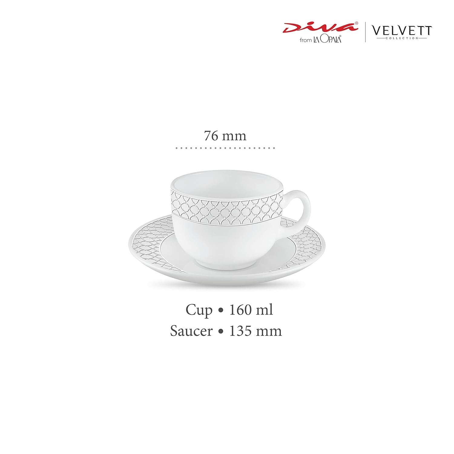 La Opala Diva, Velvett Collection Opal Glass Crockery | Cup & Saucer, Set of 12 | Pearl White, 160 ml | for Tea & Coffee | Microwave Safe | 100% Vegetarian | Extra Strong | Super Light | Super White