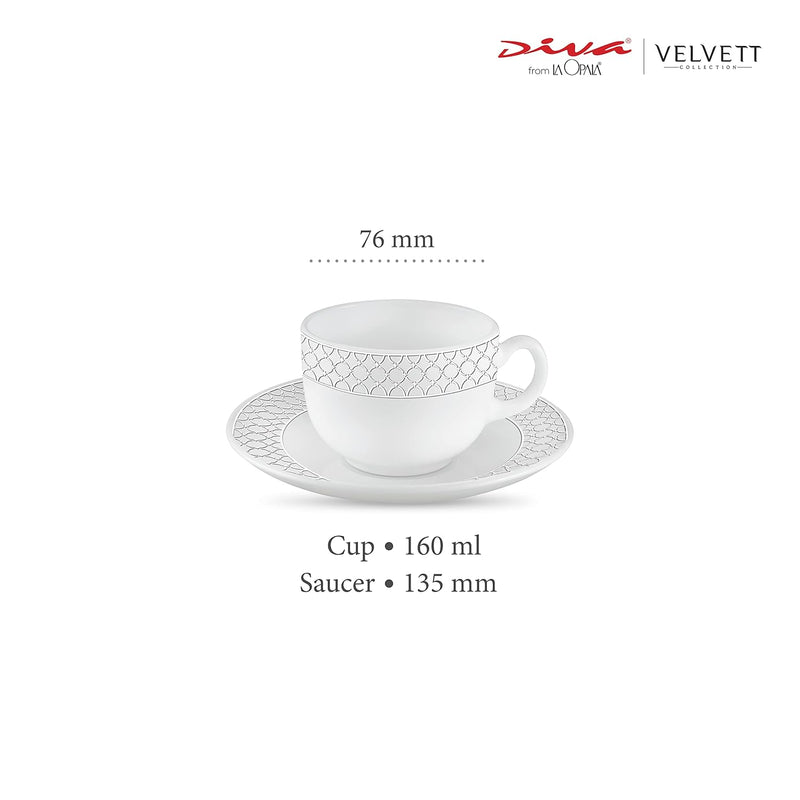 La Opala Diva, Velvett Collection Opal Glass Crockery | Cup & Saucer, Set of 12 | Pearl White, 160 ml | for Tea & Coffee | Microwave Safe | 100% Vegetarian | Extra Strong | Super Light | Super White