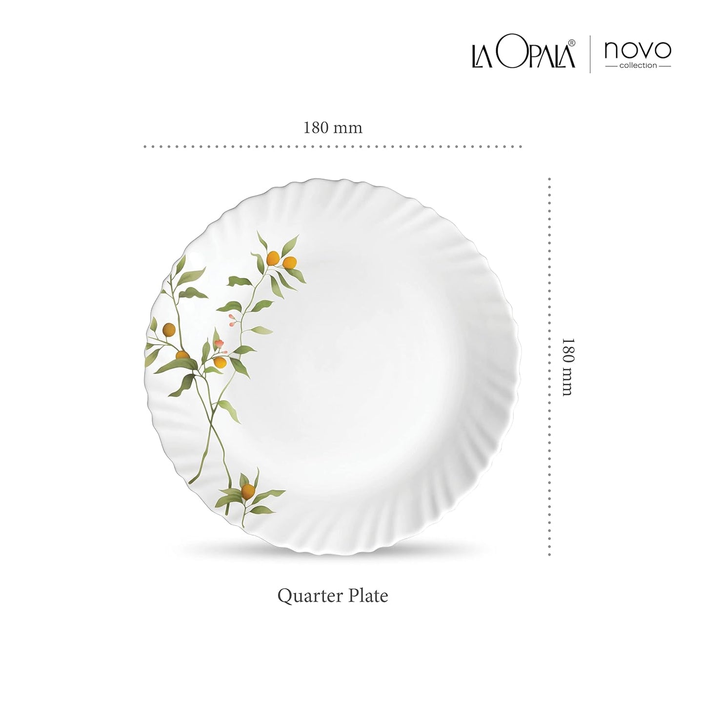 La Opala Novo Collection Opal Glass Crockery | Quarter Plate Set of 6 | Vivid Greens Design | Plates for Snacking & Gifting | Microwave Safe | 100% Vegetarian | Extra Strong | Super Light & White