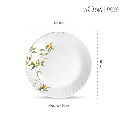 La Opala Novo Collection Opal Glass Crockery | Quarter Plate Set of 6 | Vivid Greens Design | Plates for Snacking & Gifting | Microwave Safe | 100% Vegetarian | Extra Strong | Super Light & White
