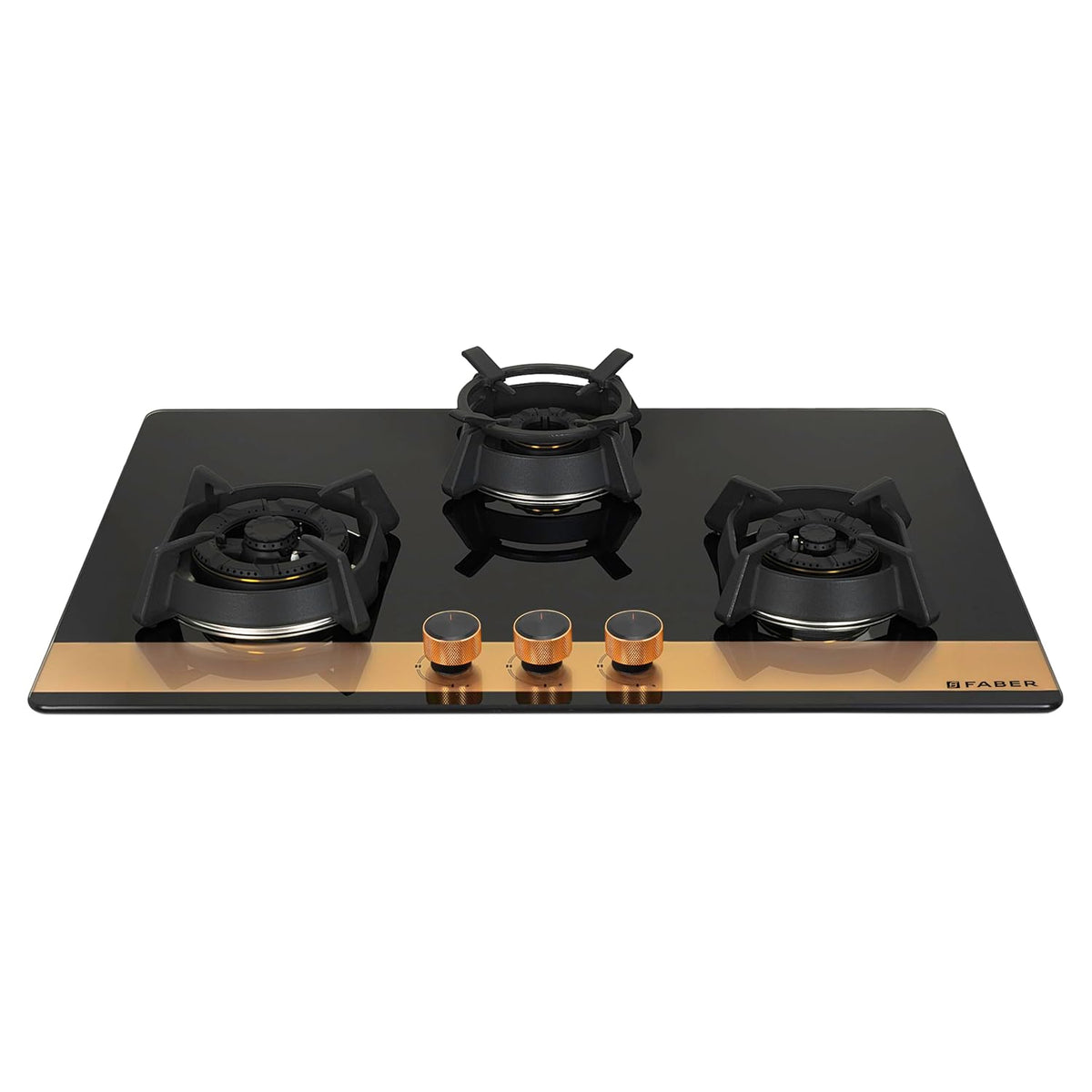 Faber 78cm 3Burner Gas Hob | Flame Failure Device | Cast Iron Pan Support | Metal Knobs | Dual Flame Burner | 8mm Toughe