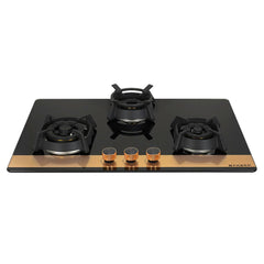 Faber 78cm 3Burner Gas Hob | Flame Failure Device | Cast Iron Pan Support | Metal Knobs | Dual Flame Burner | 8mm Toughe