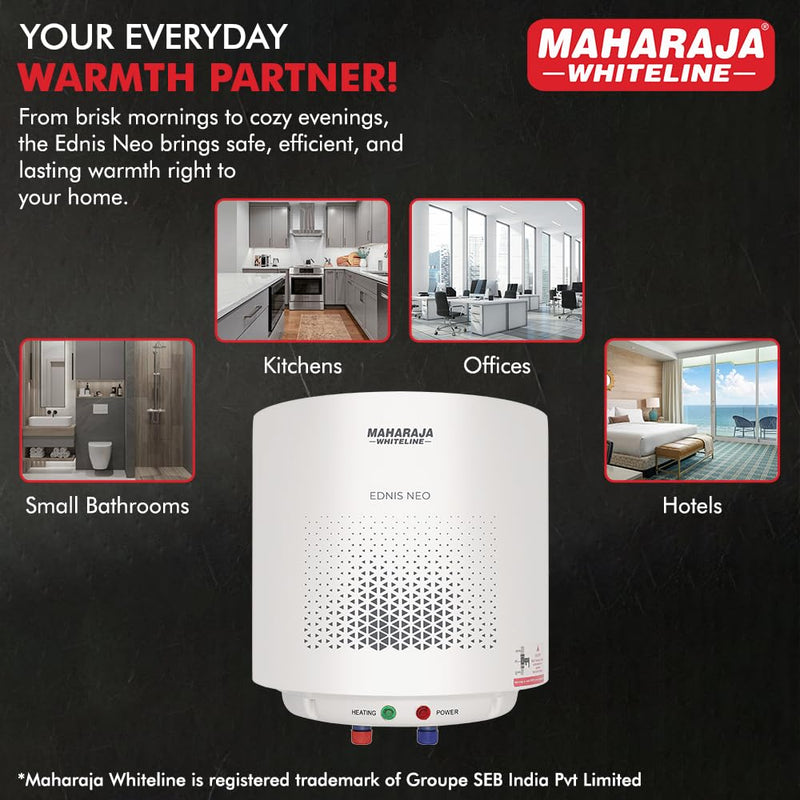 Maharaja Whiteline Energy Efficient Water Heater EDNIS NEO 10L | 4-Star Rated with Polymer-Coated Inner Tank, Smart Inlet Diffuser & Durable Metal Body | Long-Lasting Design with 5-Year Tank Warranty