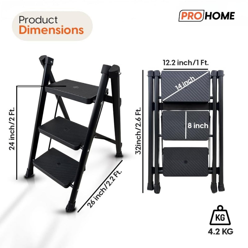 PROHOME Steel Ladder for Home 3 Steps Foldable with Anti-Skid Wide Steps (30cm x 20cm) | 3 Step Ladder for Home Use with D-Shape Rods | Secure Lock | 170 Kg Capacity Folding Ladder | 5 Year Warranty