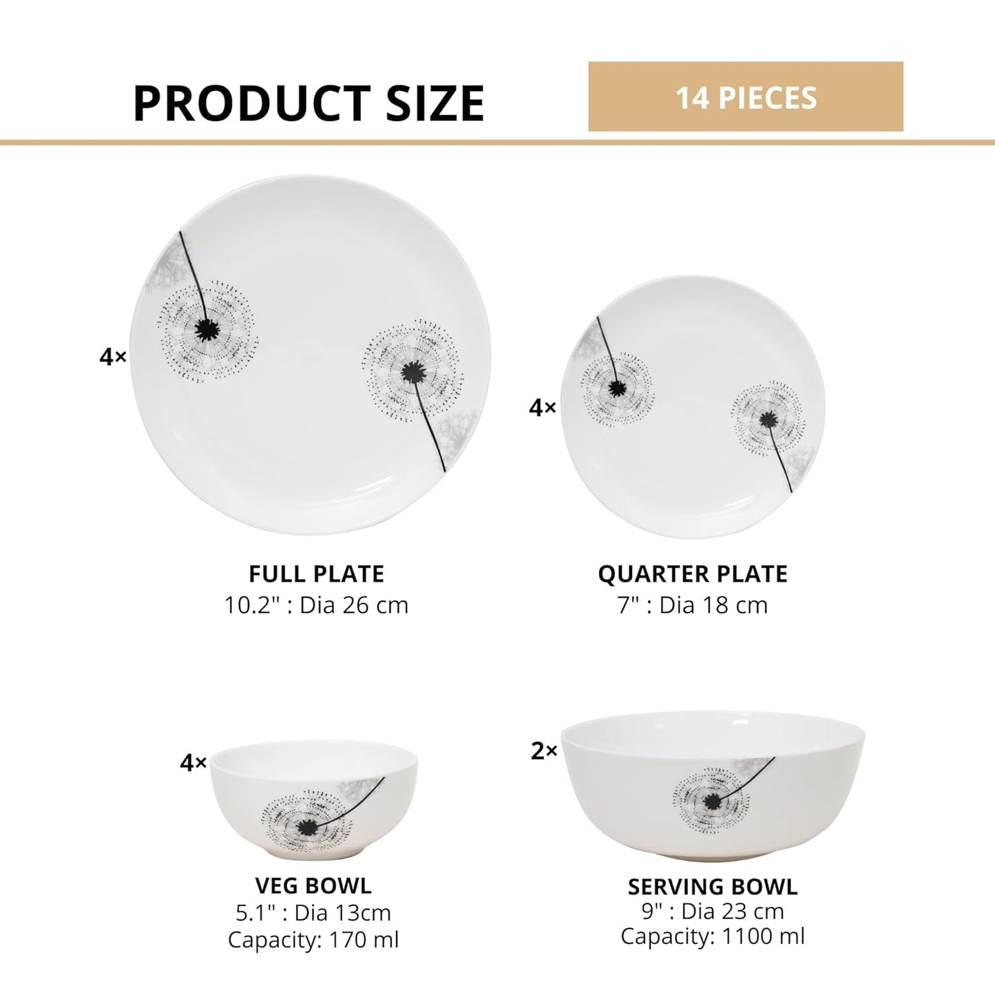 Clay Craft Fine Ceramic Eco Dinner Set, Enchanting Gold - 14 Piece, Family of 4, Dining Set - Gift Ready