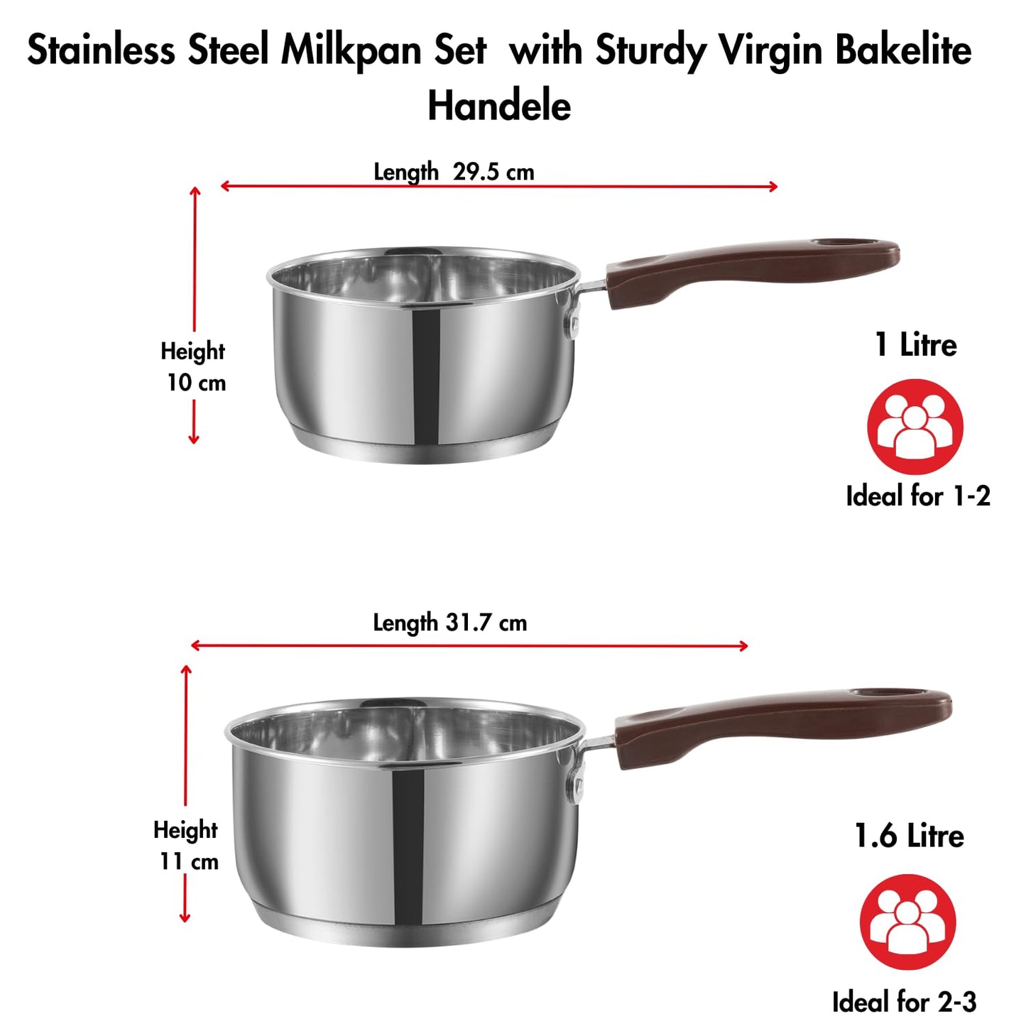 Vinod Stainless Steel Milkpan/Saucepan Set of 2-1 Litre and 1.6 Litre,Tea/Chai Pan,Riveted Sturdy Bakelite Handle,Induction and Gas Base 2 Year Warranty