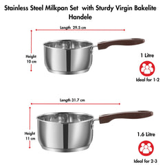 Vinod Stainless Steel Milkpan/Saucepan Set of 2-1 Litre and 1.6 Litre,Tea/Chai Pan,Riveted Sturdy Bakelite Handle,Induction and Gas Base 2 Year Warranty