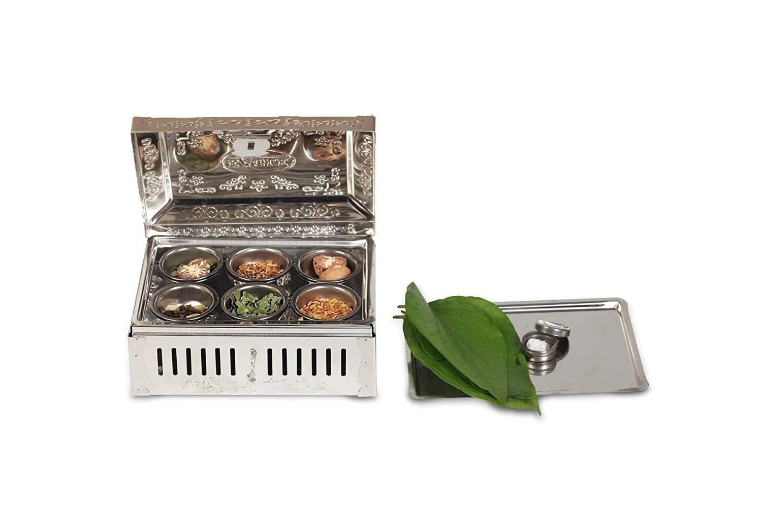 Dynore Premium Stainless Steel Pandan/Pan Masala Box with 6 Compartments | Multi-Purpose Storage for Mouth Freshener, Spices & Dry Fruits, 16x11.5x7 cm, Set Of -1 Pc