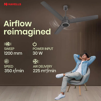 Havells FAB BLDC PRO Ceiling Fan 1200mm, 380 RPM, Savings upto 65%, Reverse Rotation, 4 Modes , Low Wattage 30W, Low Noise, Air Flow:225 CMM, 3 Year Warranty, Smoke Brown
