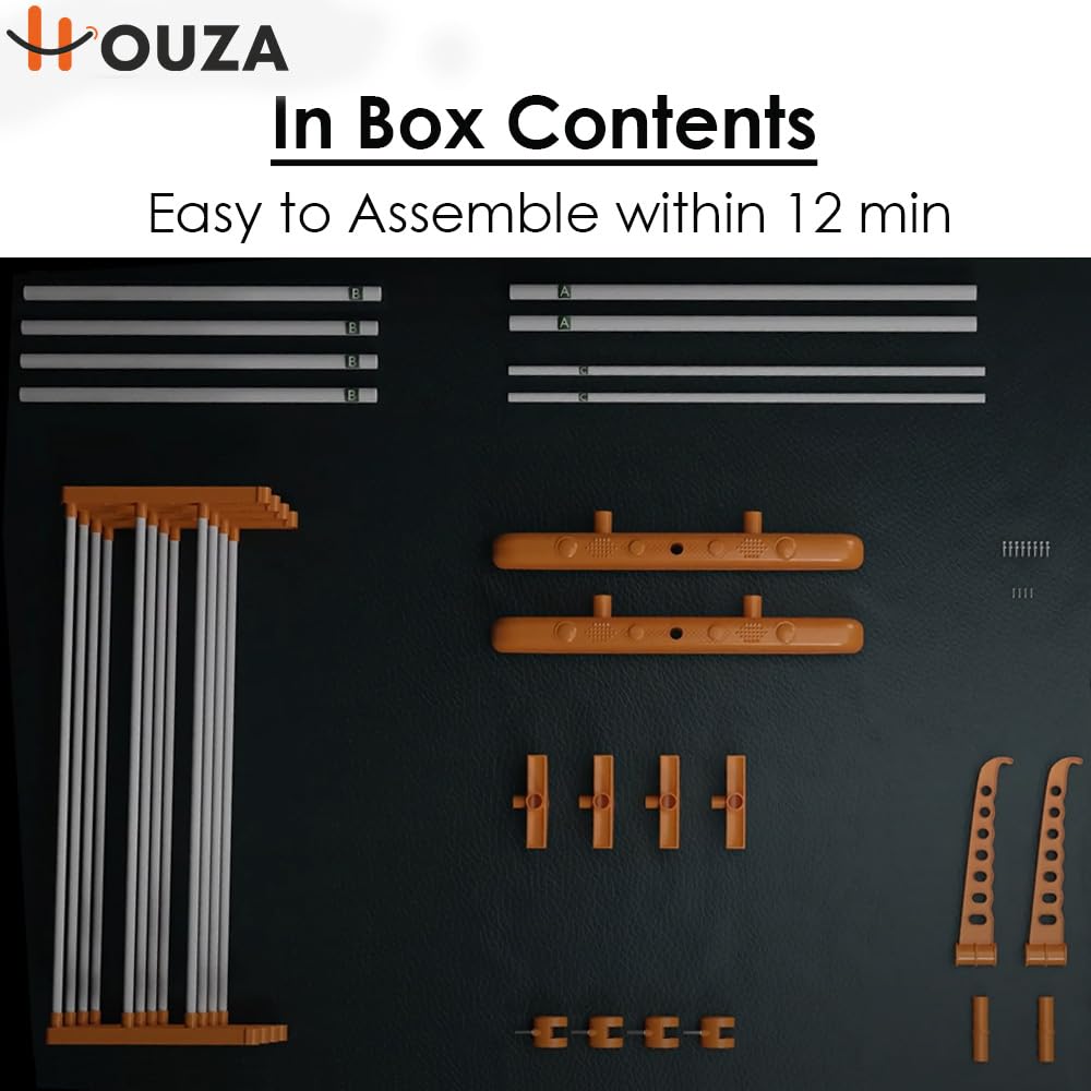 HOUZA Stainless Steel Clothes Drying Stand | 4 Layer Foldable Cloth Dryer Stand with Wheels | 6 Foldable Wings - Orange