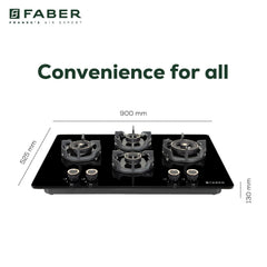 Faber 90Cm 4 Burner HOB|Auto Ignition|Built-In Or Hobtop|Flame Failure Device|Cast Iron Pan Support|Glass Matt Finish|Me