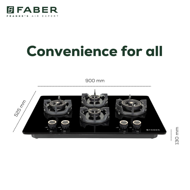 Faber 90Cm 4 Burner HOB|Auto Ignition|Built-In Or Hobtop|Flame Failure Device|Cast Iron Pan Support|Glass Matt Finish|Me