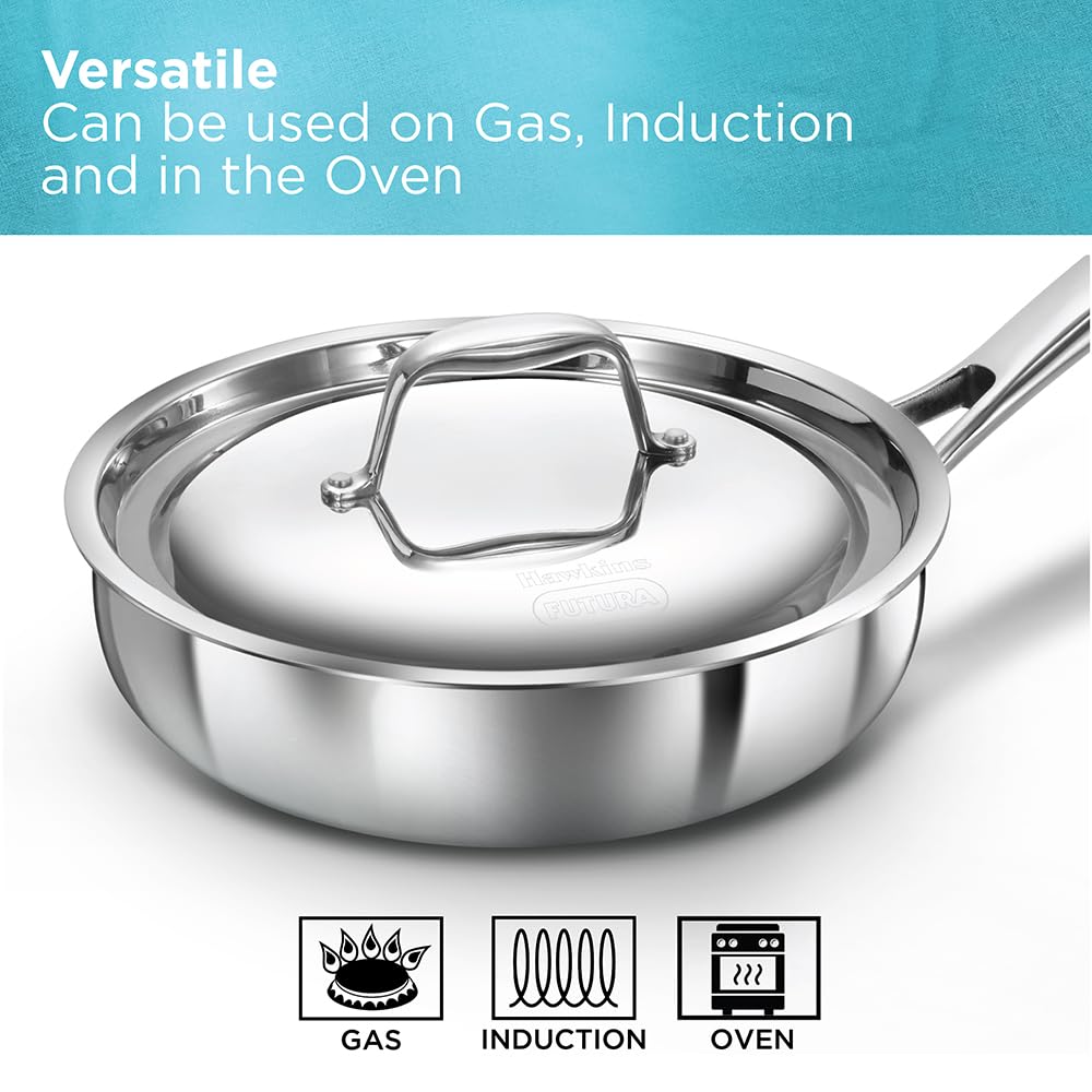 Hawkins Pro 18 cm Frying Pan, Triply Stainless Steel Fry Pan with Stainless Steel Handle and Stainless Steel Lid, Silver (PSF18S)