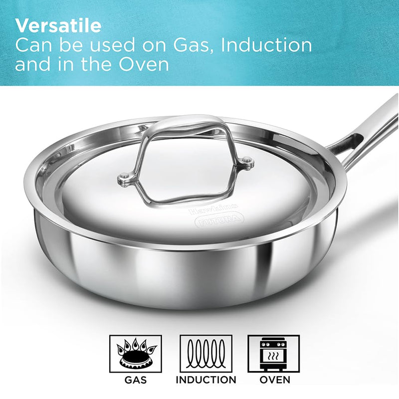 Hawkins Pro 18 cm Frying Pan, Triply Stainless Steel Fry Pan with Stainless Steel Handle and Stainless Steel Lid, Silver (PSF18S)