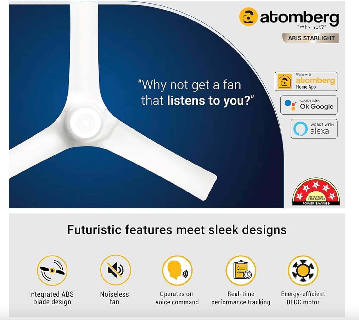 atomberg Aris Starlight 1200mm BLDC Ceiling Fan with Underlight, IoT & Remote Control | Smart Fan with Noiseless Operation (Marble White)