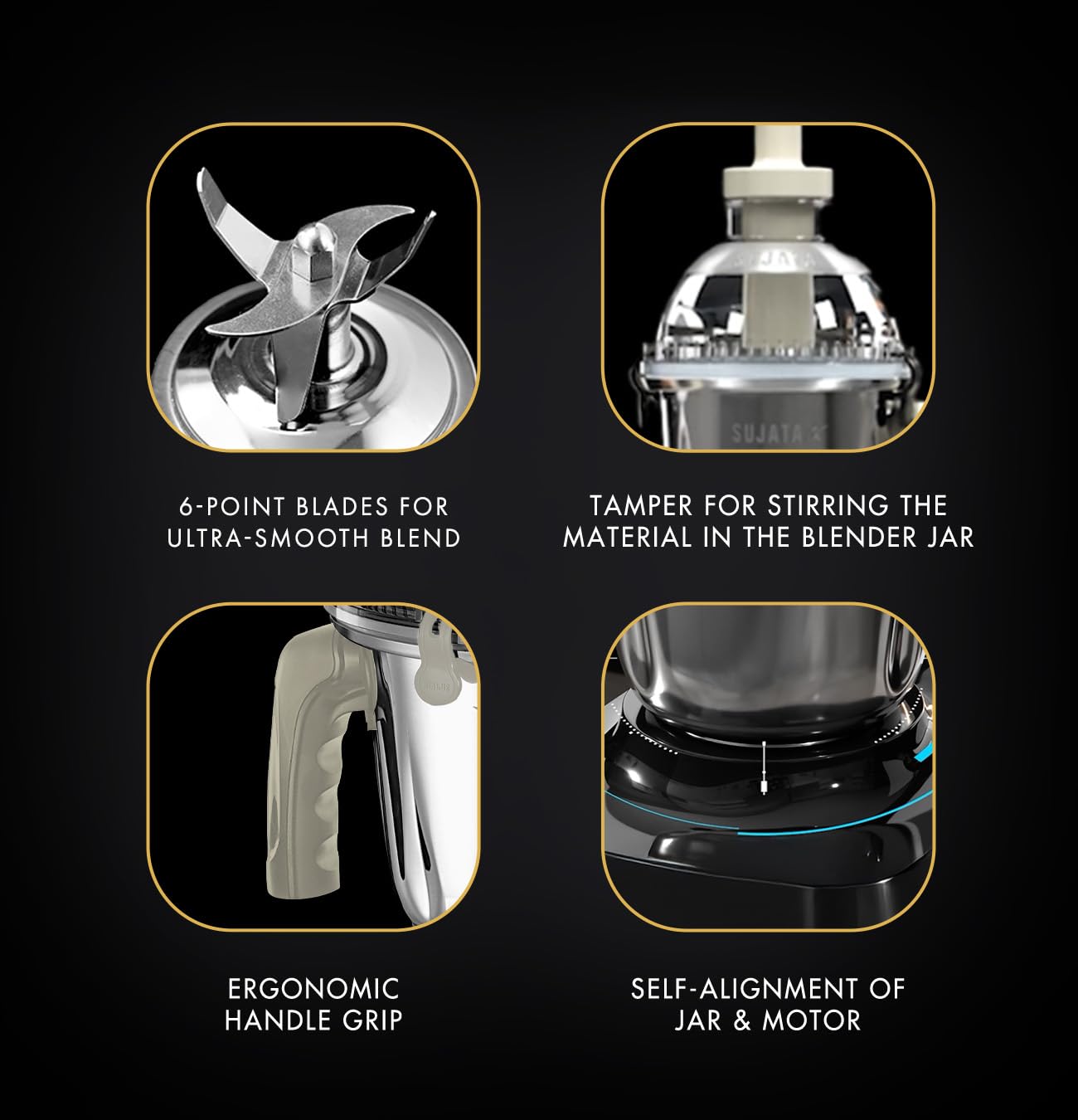 Sujata MG02 Mixer Grinder|1000 Watts Double Ball Bearing Motor|24000 RPM|Non-Stop 90 Mins Running|3 Food Grade Steel Jars including 1500ml Multipurpose, 1000ml Grinder, 500ml Chutney Jar|Beige & White