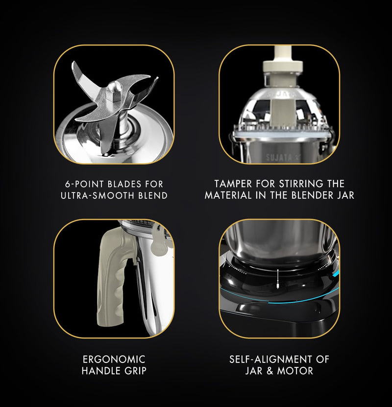 Sujata MG02 Mixer Grinder|1000 Watts Double Ball Bearing Motor|24000 RPM|Non-Stop 90 Mins Running|3 Food Grade Steel Jars including 1500ml Multipurpose, 1000ml Grinder, 500ml Chutney Jar|Beige & White