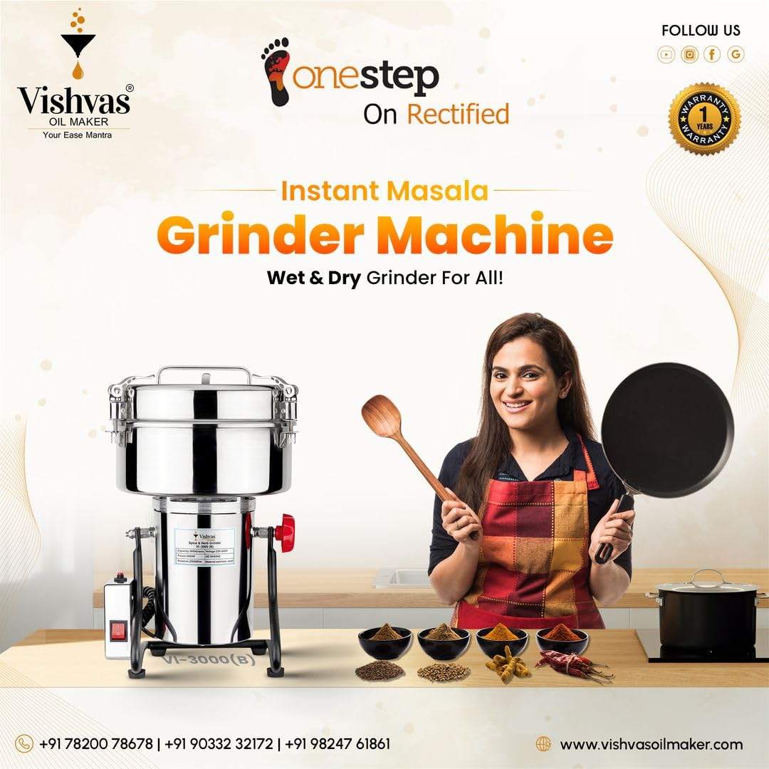 Vishvas Oil Maker Instant Dry Masala Grinder Machine for Business with 3-3.5kg Capacity Mixer Grinding for Spices, Herbs and Dry Fruits Masala Grinder 3 KG, Stainless Steel