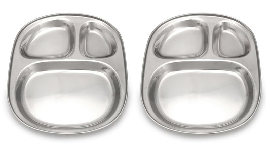 Dynore Stainless Steel 3 in 1 Three Compartment Nasta/Dinner Plate- Set of 2 Large