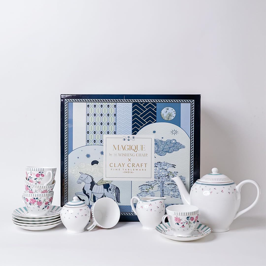 Magique by The Wishing Chair x ClayCraft : River of Flowers Ceramic Teaset 15-Piece | Teapot, Cups & Saucers, Sugar & Milk Pot | Elegant Floral Tea Set for Home High Tea Gifting Weddings Parties