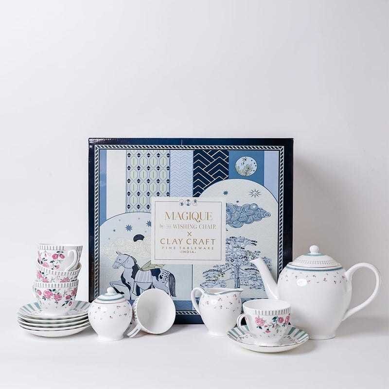 Magique by The Wishing Chair x ClayCraft : River of Flowers Ceramic Teaset 15-Piece | Teapot, Cups & Saucers, Sugar & Milk Pot | Elegant Floral Tea Set for Home High Tea Gifting Weddings Parties