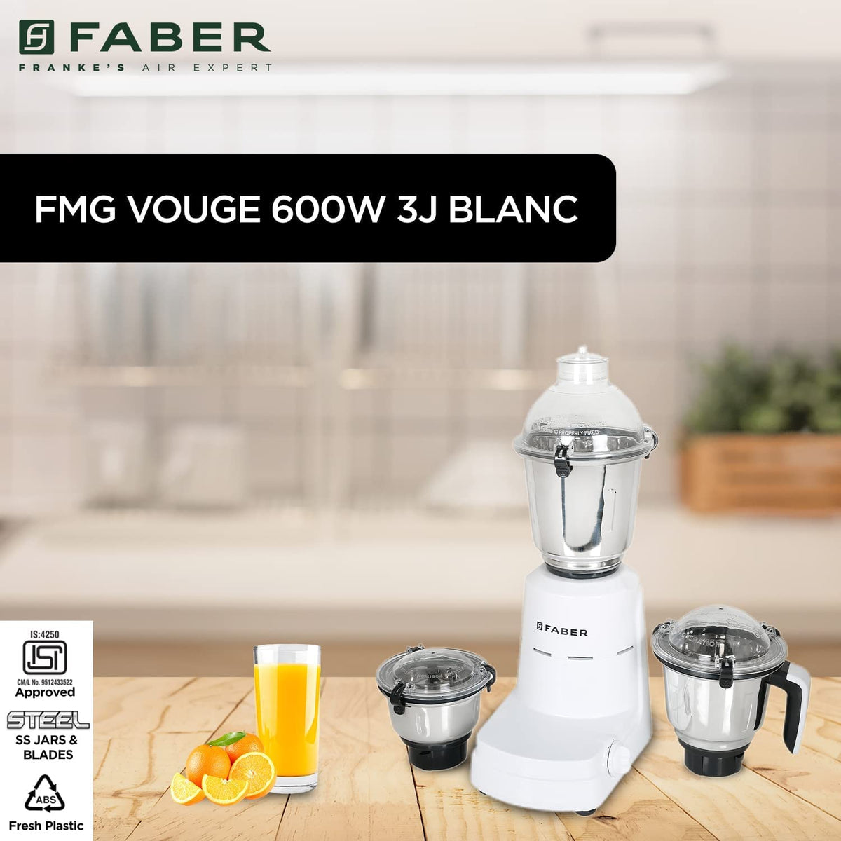 Faber Vogue 600W Blender Mixer Grinder, 3 SS Clip Lock Jars and Blades || Low-Noise Copper Motor, up to 19000 RPM Speed 