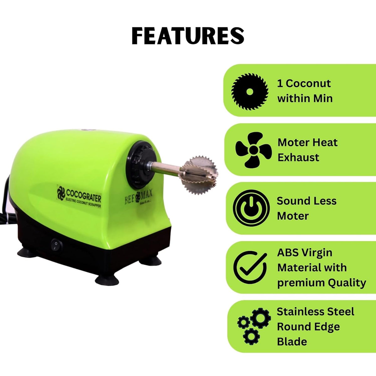 Sree Kitchen Equipments BEEMAX Domestic Electric Coconut Scraper | Green Color | 100 Watts, 300 RPM, 240V | Stainless Steel Blade | 2 Year Warranty | Perfect for Every House