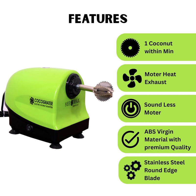 Sree Kitchen Equipments BEEMAX Domestic Electric Coconut Scraper | Green Color | 100 Watts, 300 RPM, 240V | Stainless Steel Blade | 2 Year Warranty | Perfect for Every House