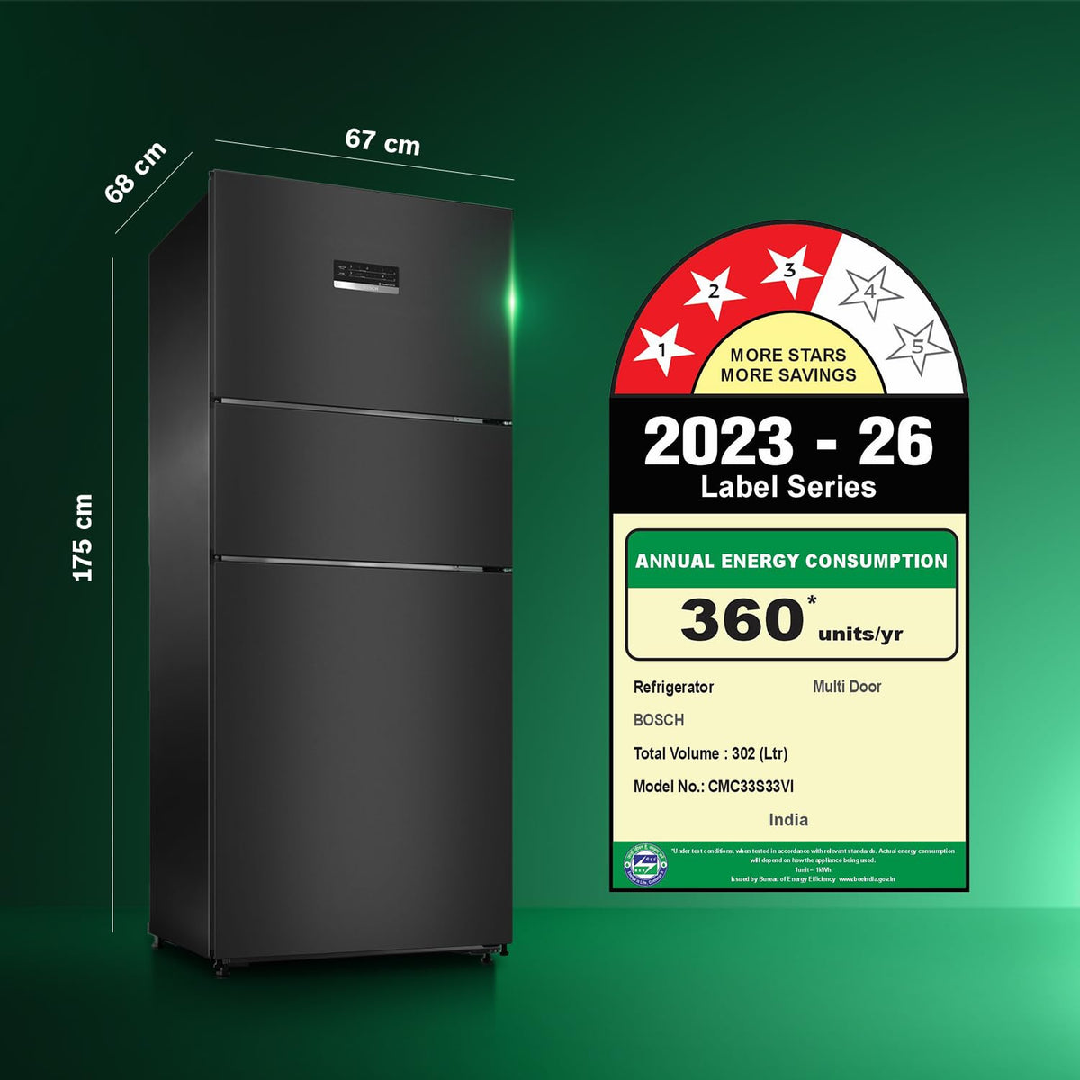 Bosch 302L, 3 Star, MaxFlex Convert Frost Free Triple Door Refrigerator (CMC33S33VI)-2