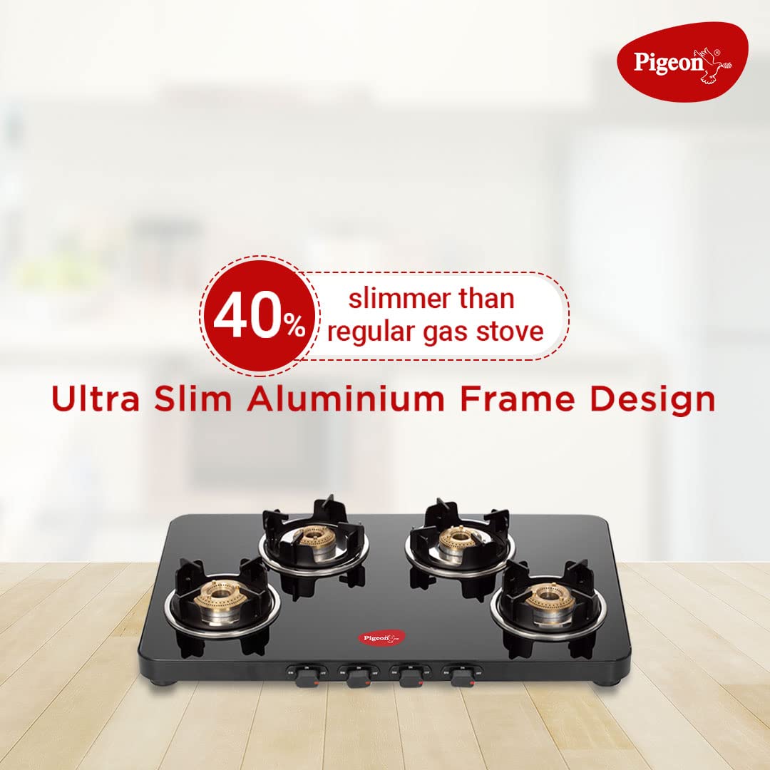 Pigeon by Stovekraft Sleek 4 Burner Ultra Slim Gas Stove with Glass Top, Tempered Glass, Manual, Black