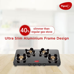 Pigeon by Stovekraft Sleek 4 Burner Ultra Slim Gas Stove with Glass Top, Tempered Glass, Manual, Black